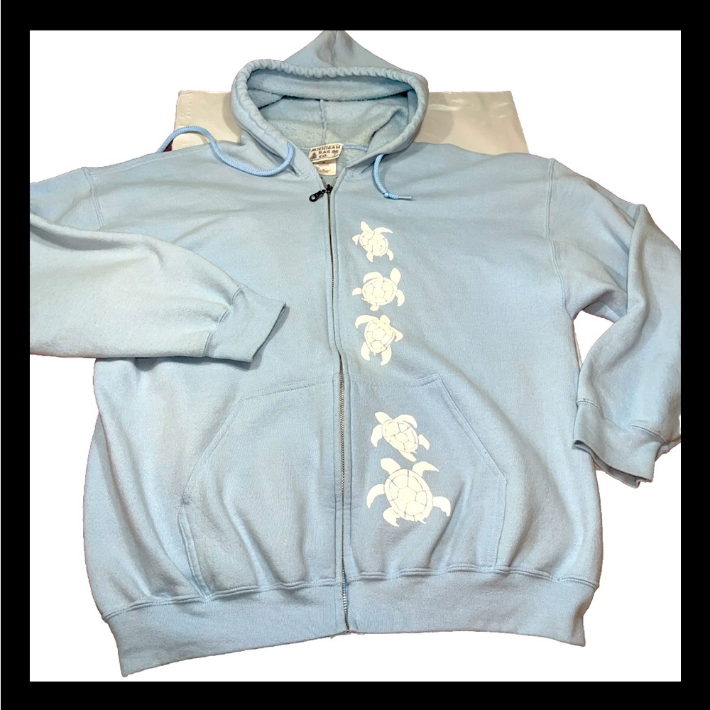 TURTLE hoodie FULL ZIP up blue SWEATSHIRT jacket Michigan Rag Co unisex XL mens